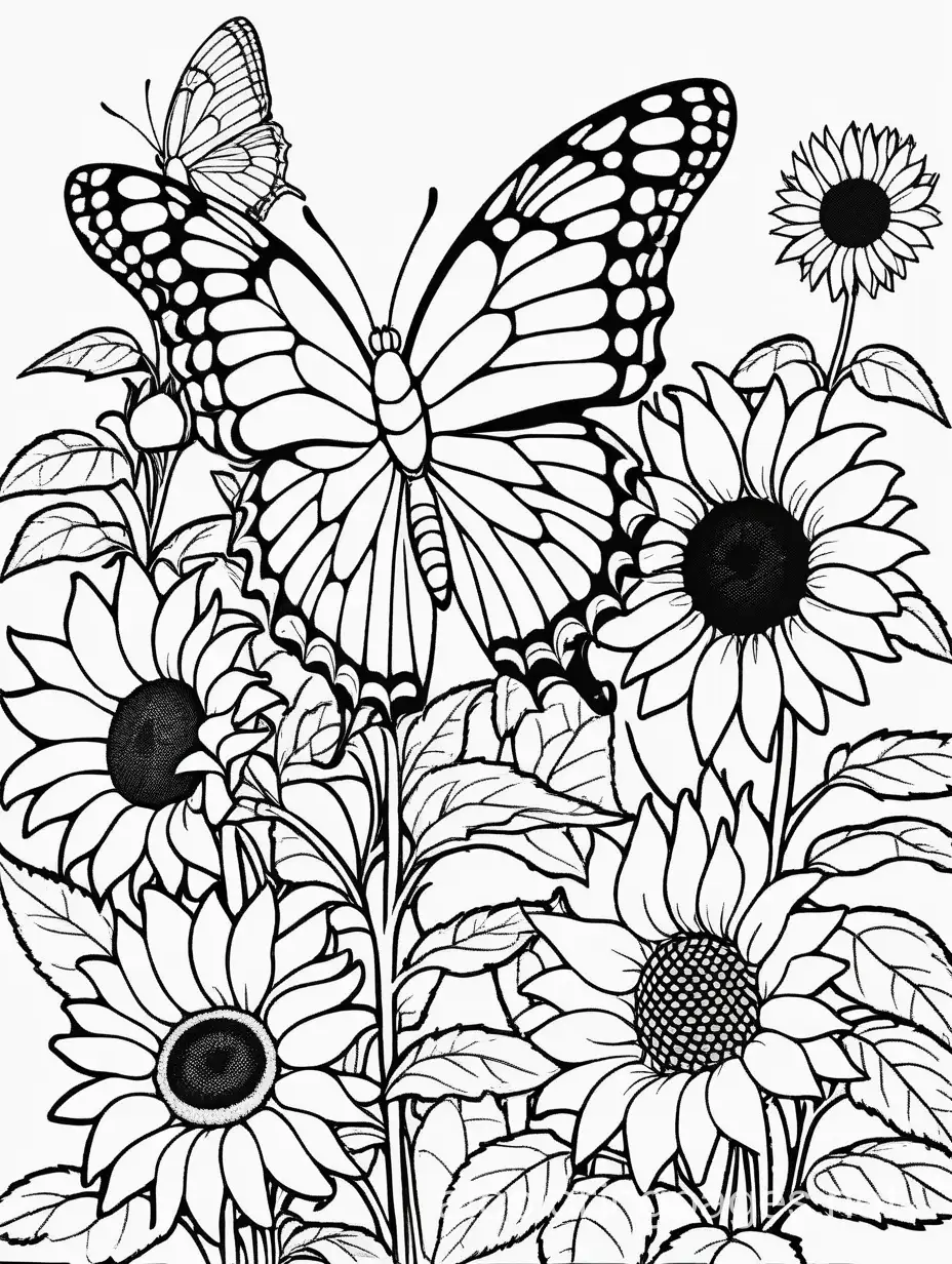 butterfly in the garden full of sunflower, Coloring Page, black and white, line art, white background, Simplicity, Ample White Space. The background of the coloring page is plain white to make it easy for young children to color within the lines. The outlines of all the subjects are easy to distinguish, making it simple for kids to color without too much difficulty