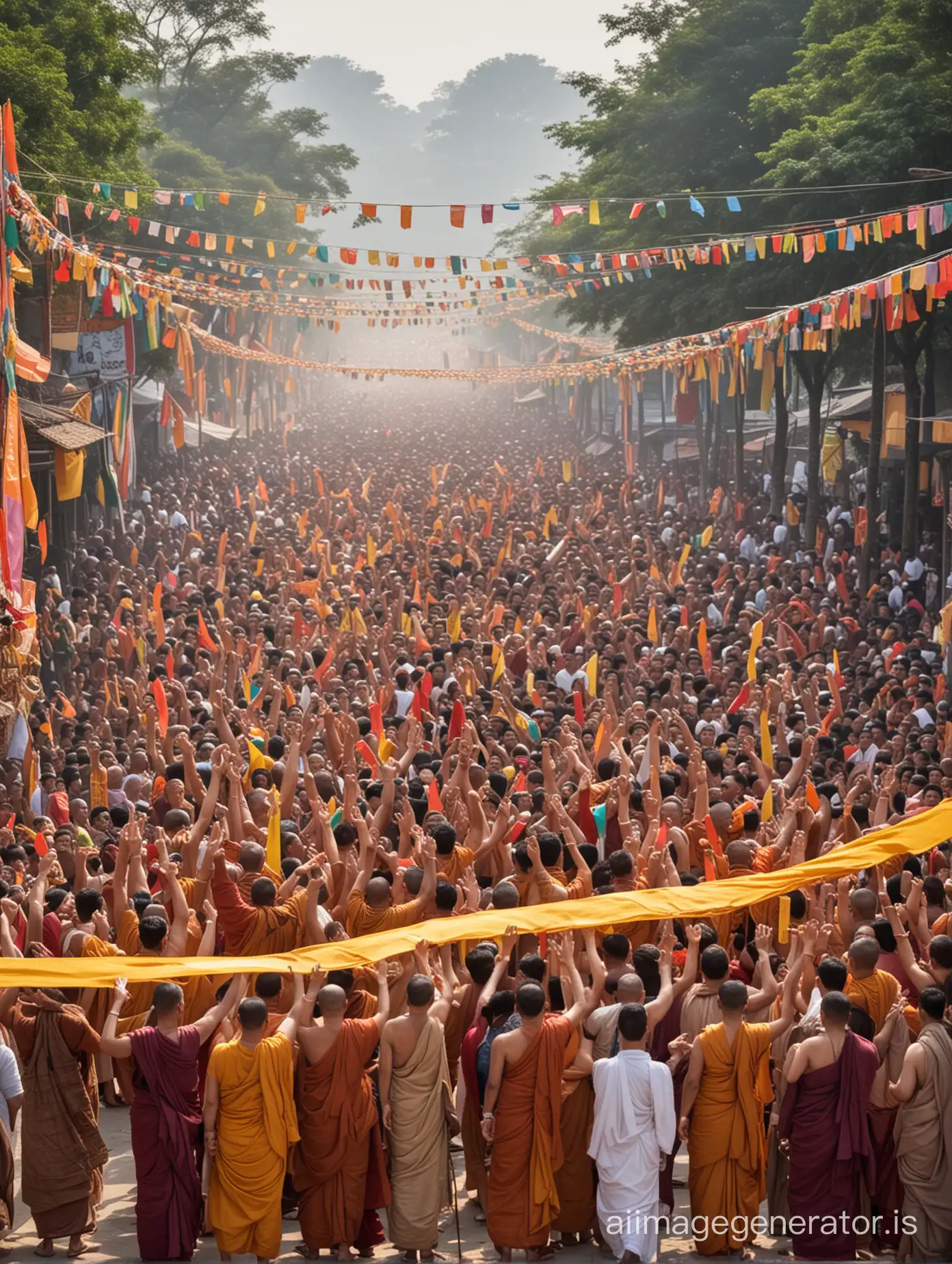 Show scenes of celebration in the kingdom as news of Siddhartha Gautama's future Buddha's birth spreads, with colorful banners and joyful faces capturing the excitement of the moment