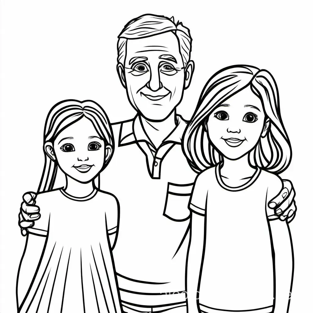2 daughters and a dad
, Coloring Page, black and white, line art, white background, Simplicity, Ample White Space. The background of the coloring page is plain white to make it easy for young children to color within the lines. The outlines of all the subjects are easy to distinguish, making it simple for kids to color without too much difficulty