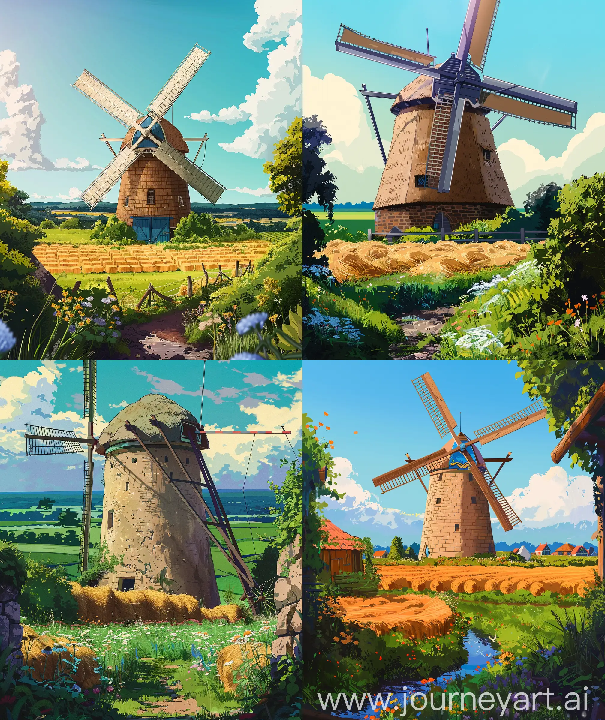 Anime scenary vintage style, illustration, direct front facade view of wind mill, farm land, hey , harvest field, spring time , wild flowers, beautiful illustration of wind mill, aesthetic look,anime style, Ghibli style , Ultra hd, high quality, no blurry image, no hyperrealistic --ar 27:32