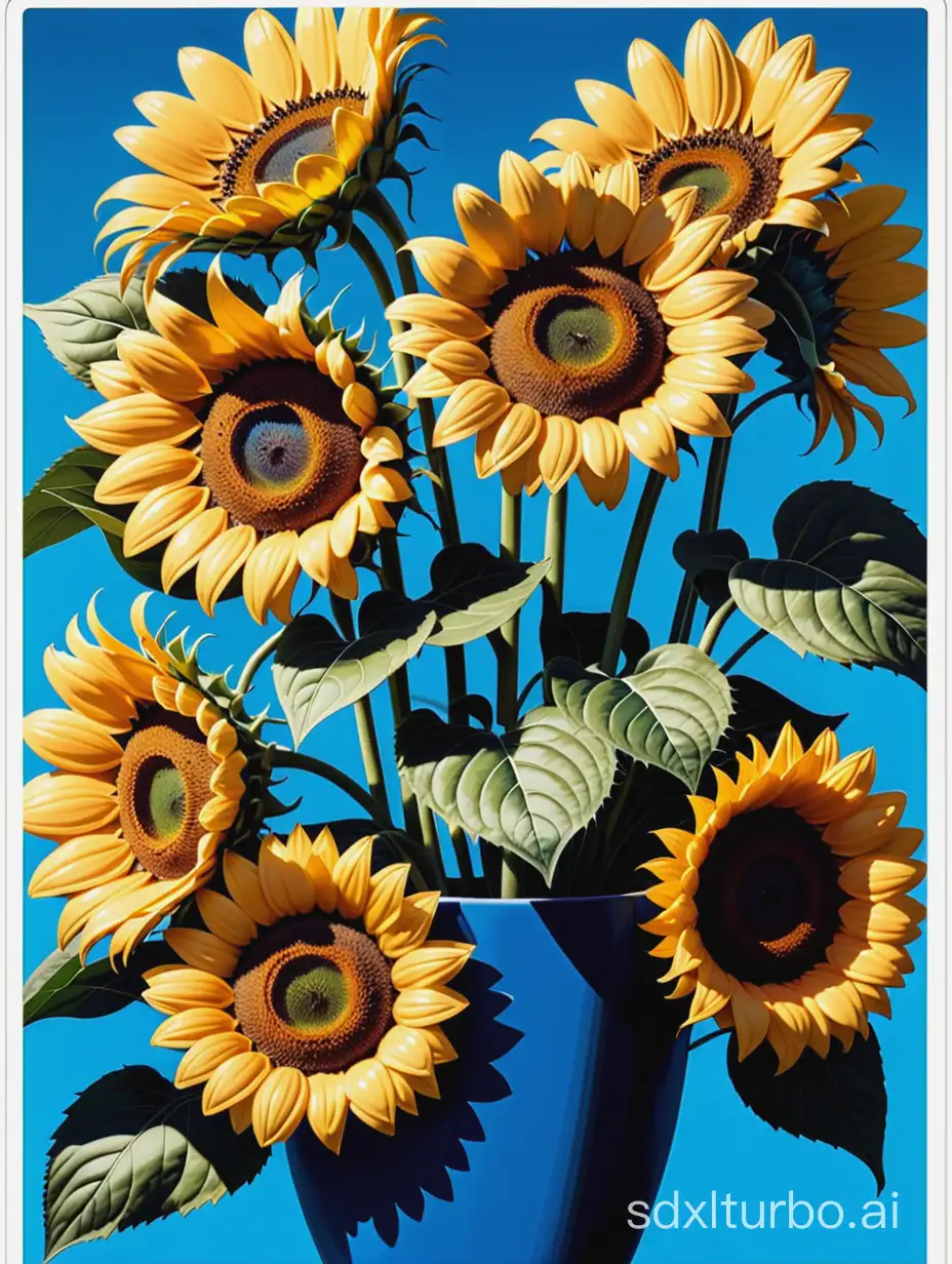 Blue base with sunflowers, in the style of Roy Lichtenstein art, sticker