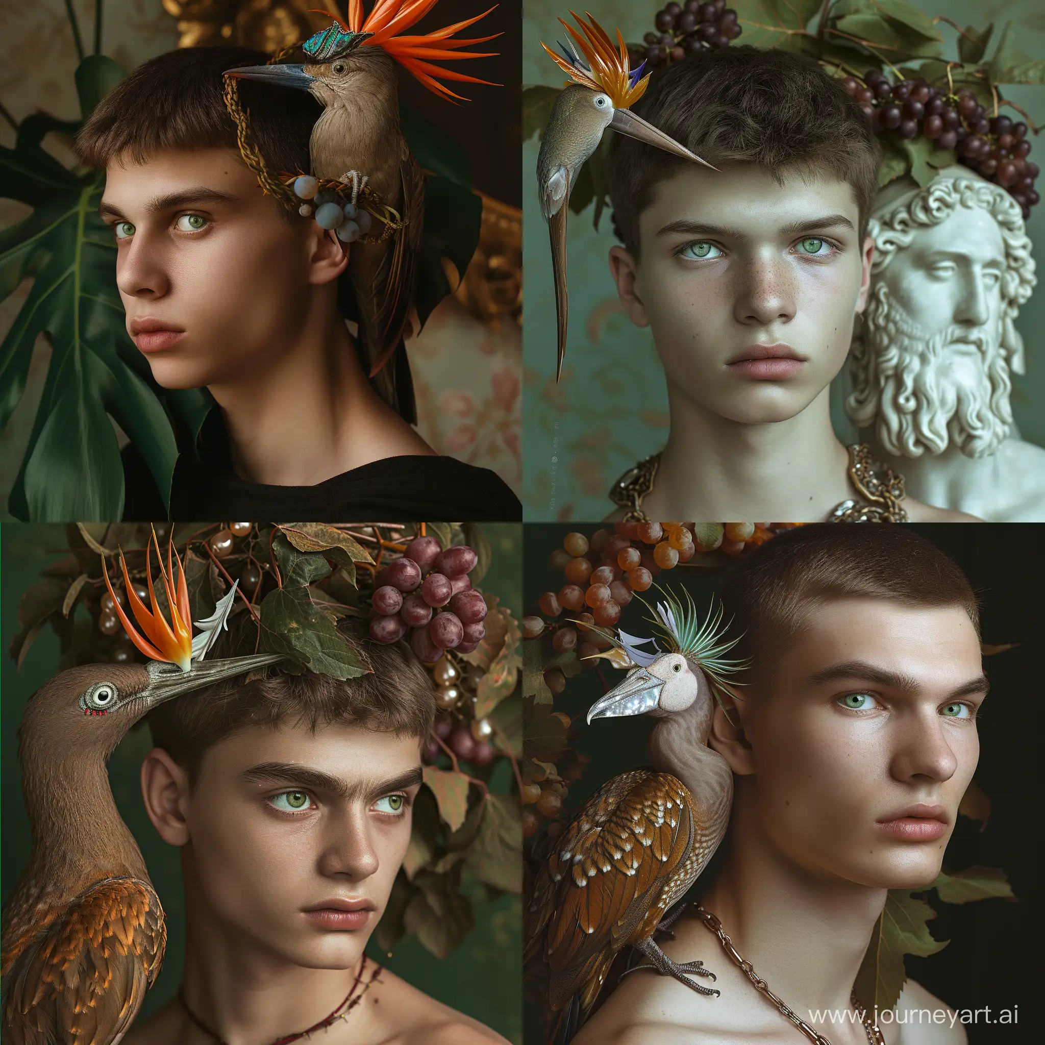 RAW photo. Long Shot. A slender 20-year-old guy, gray-green eyes, elongated oval face, brown hair, short haircut, Slavic type of appearance, a bird of paradise with mother-of-pearl plumage sits on his shoulder, the image of Dionysus with a wreath of grapes framing his head, high detail, realism, fashion photo shoot, hyperrealism, Canon photography, imperfect skin