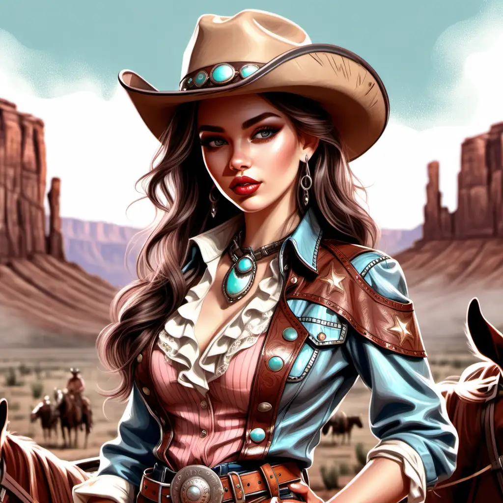 An illustration of a beautiful girl.
in a beautiful Wild West outfit.
Beautiful details factions.
Lip gloss.
Pastel colors.
High quality.
HD.
No background.
No shadow.
Fantasy style.