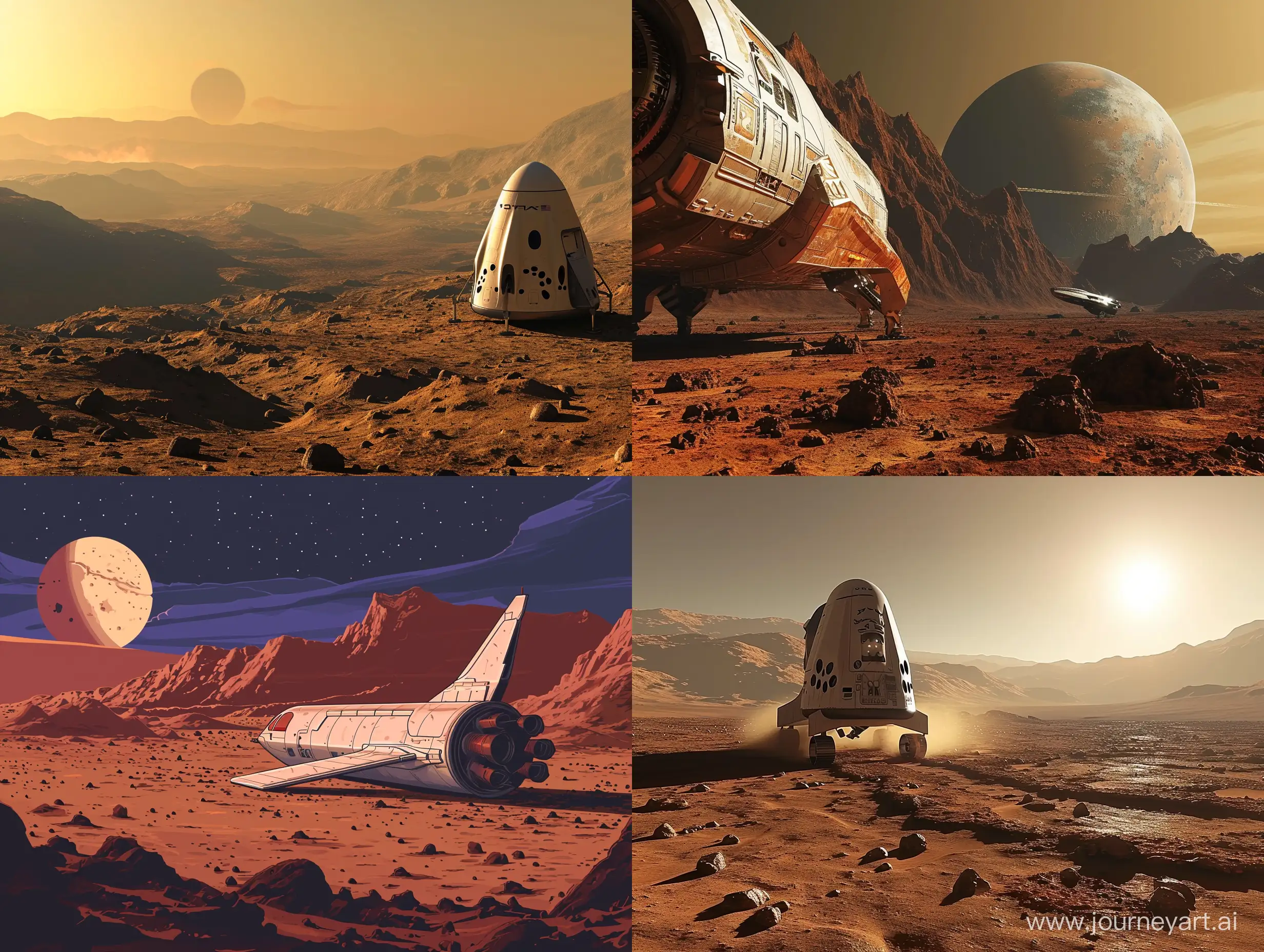 planet mars landscape with spaceship on ground