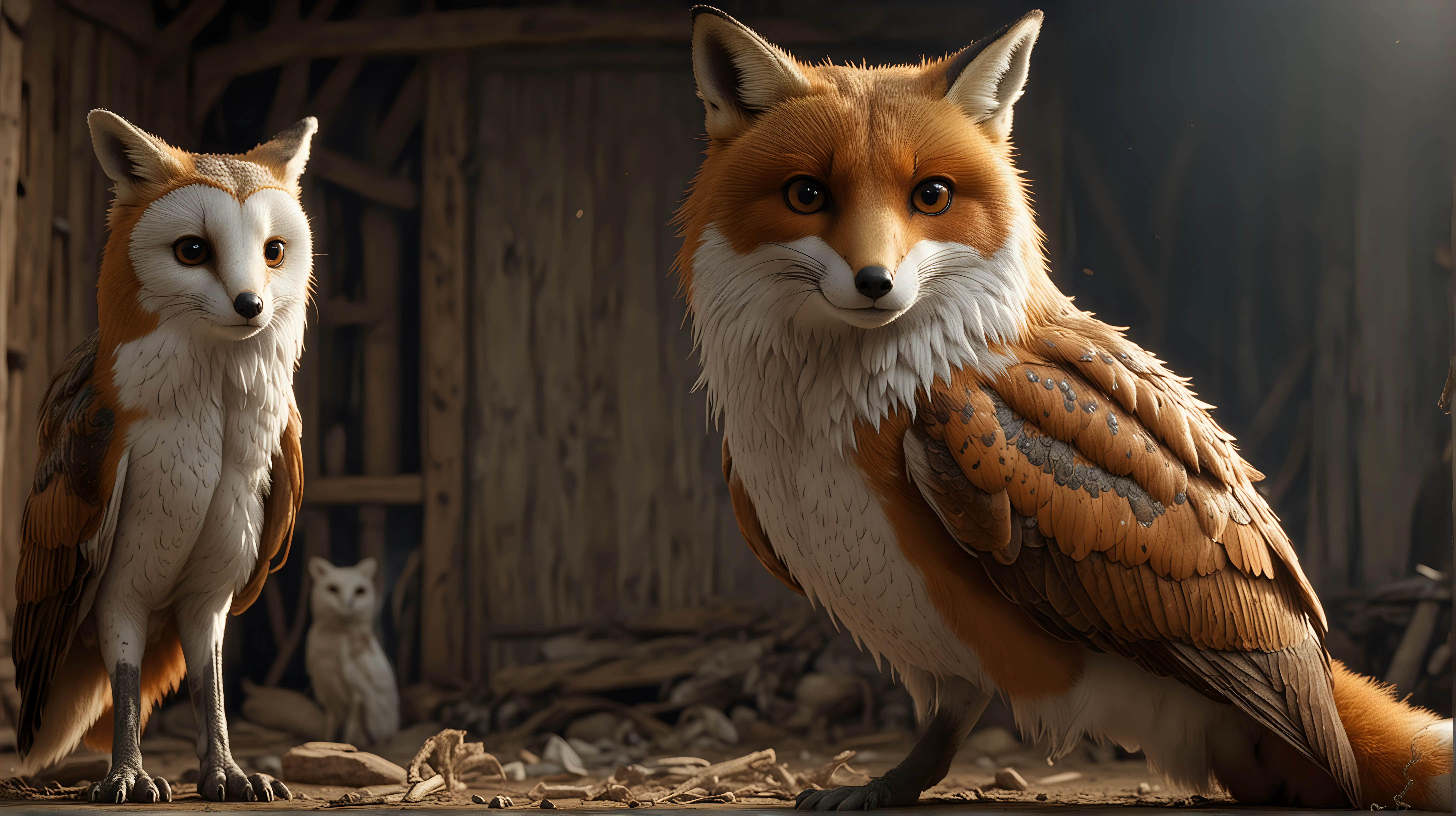a fictional creature, a fox with barn owl features

full length view
Highly detailed, 4k, hyper-realistic.