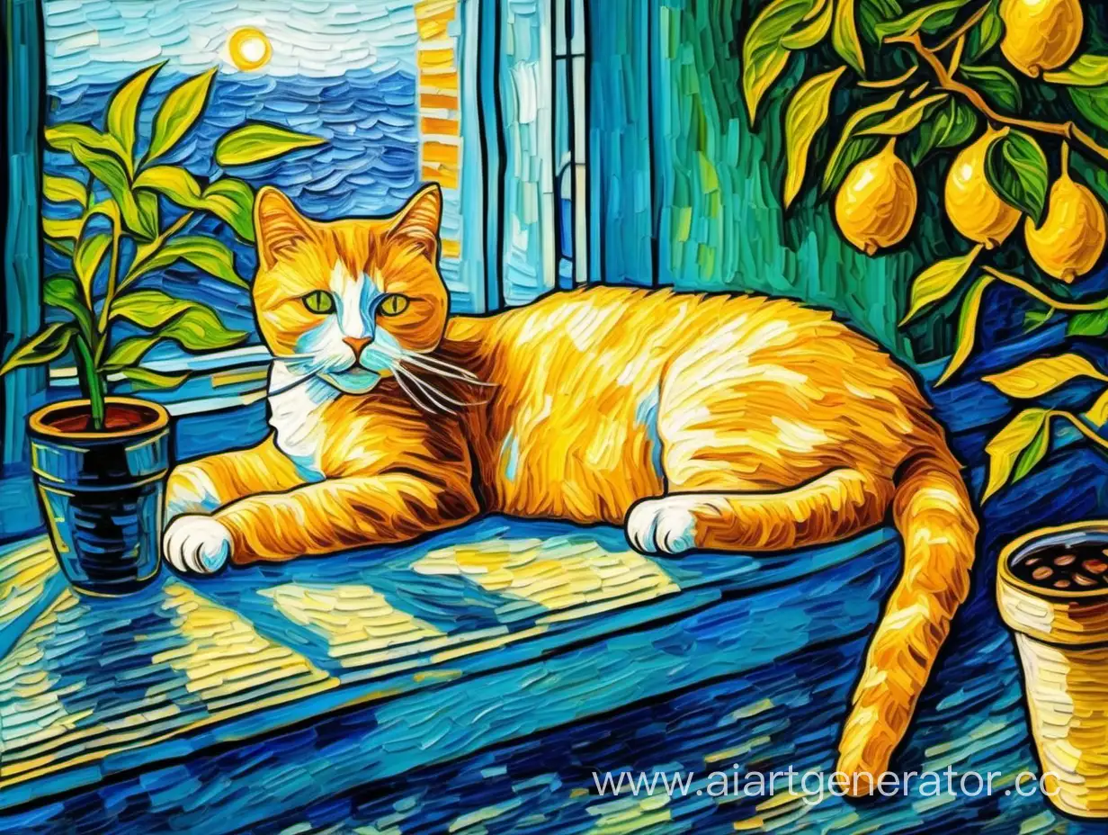 картинка нарисована в стиле ван гога более маслянисто 
, кот  лежит на спине 
на подоконнике в солнечное летнее утро рядом растение лимоны и чашка кфе 




