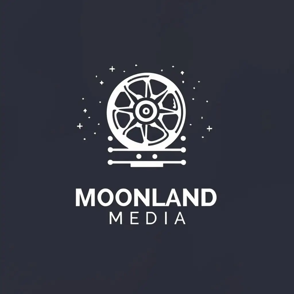 a logo design,with the text "moon land media", main symbol:Surrounding the moon, a film reel could be elegantly integrated, symbolizing the company's focus on filmmaking and post-production services. The film reel could be depicted in a minimalist style, with a few key frames visible, indicating the storytelling aspect of the business.,Moderate,clear background