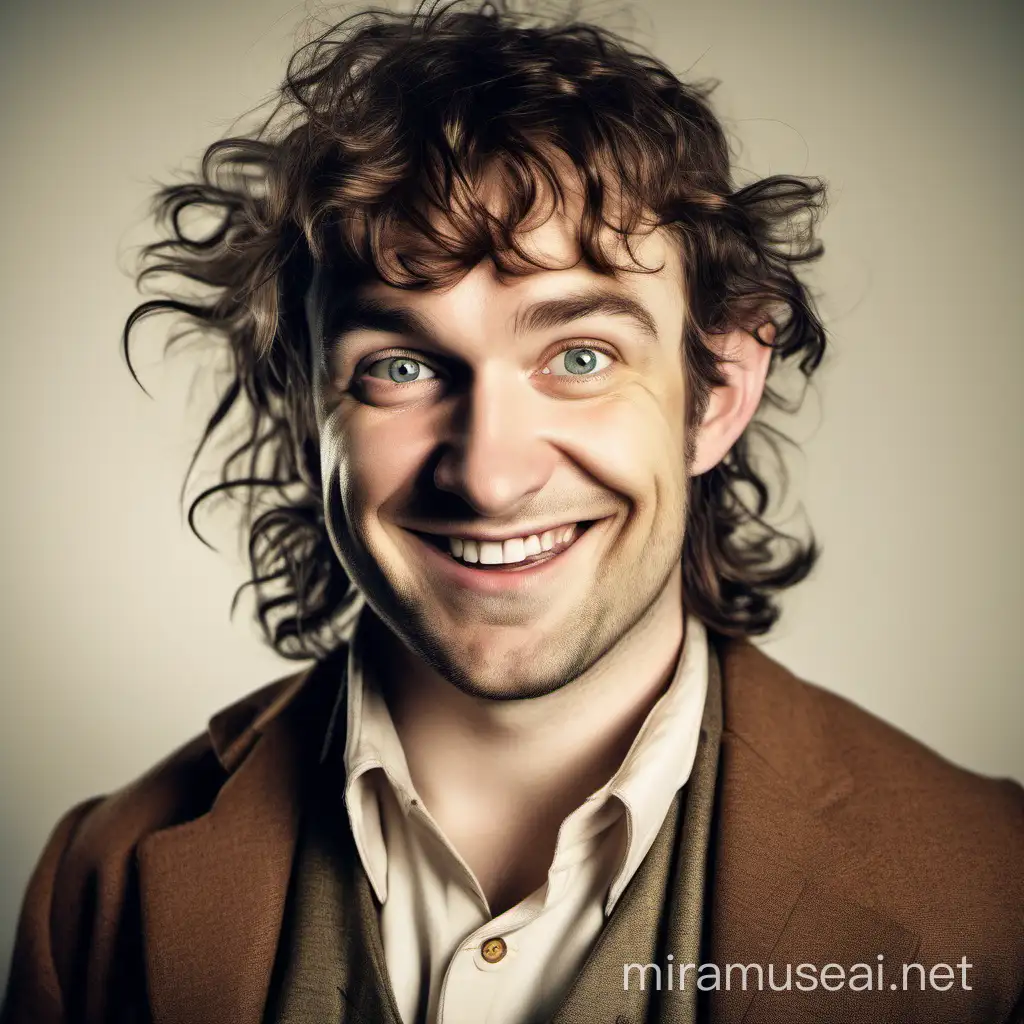 A cheerful 30 year old Hobbit dressed in fine clothes. Headshot, close up