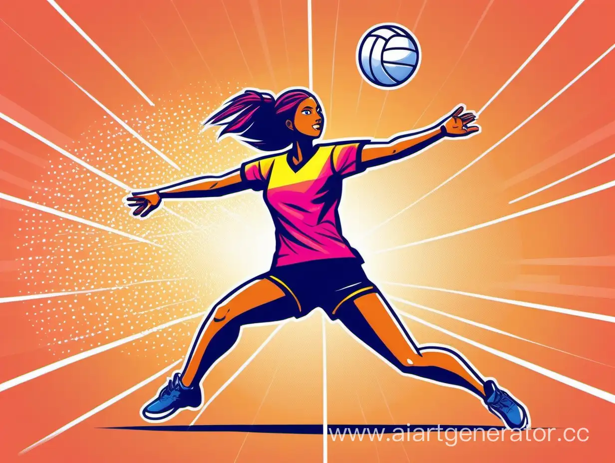 девушка, играющая в волейбол, в прыжке, готовясь нанести удар по мячу. Дизайн выполнен в стиле плоских иллюстраций, с яркими цветами и контрастными линиями. Девушка изображена в динамичной позе, с поднятыми вверх руками и согнутыми ногами. Мяч находится в воздухе, готовый к удару. 