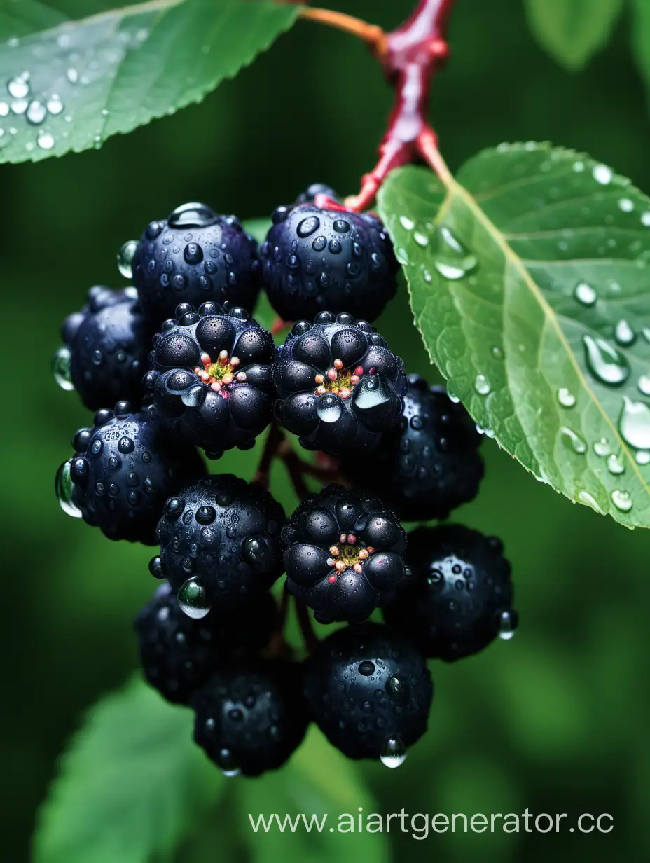 Aronia-Fruit-with-Large-Blue-Flower-and-Water-Droplets-on-Dark-Green-Background