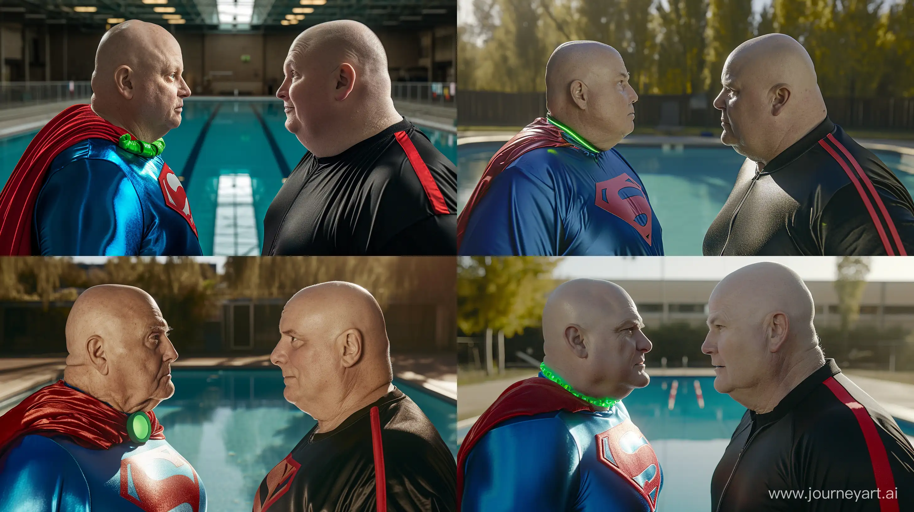 Closeup portrait photo of two men facing each other. The man on the right is a chubby man aged 60 wearing a silky black tracksuit with a red stripe. The man on the left is a chubby man aged 60 wearing a blue silky superman costume with a large red cape and a green glowing small short dog collar. Swimming Pool. Natural Light. Bald. Clean Shaven. --style raw --ar 16:9 --v 6