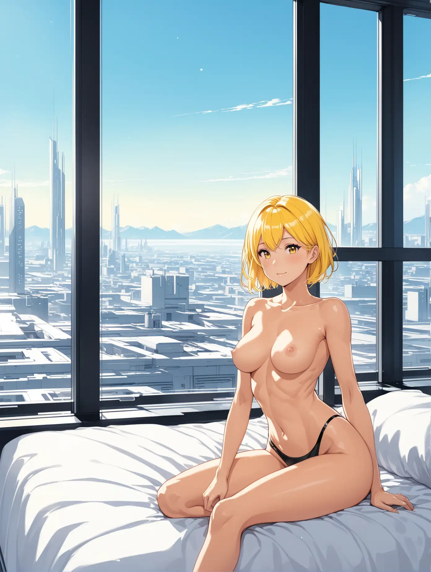 sexy fit 24 year old hero girl, short chin length yellow hair, reclining on bed in futuristic apartment, naked medium breasts, black panties, sexy toned body, blue sky and futuristic town in background through window, expression of pleasure, yellow black white 3 color minimal design