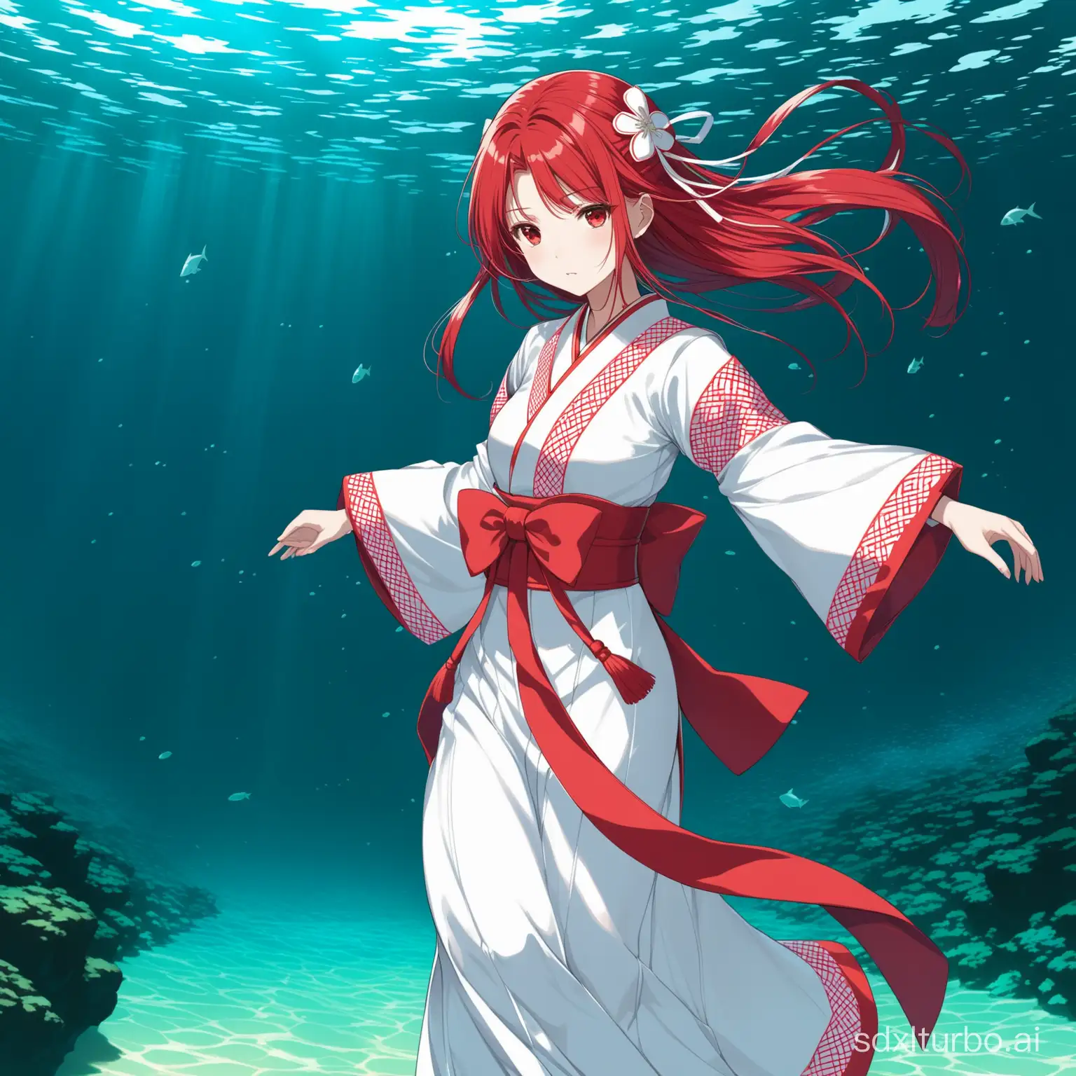 Uesugi erii Red hair, red eyes, shrine maiden outfit, expressionless, strolling underwater