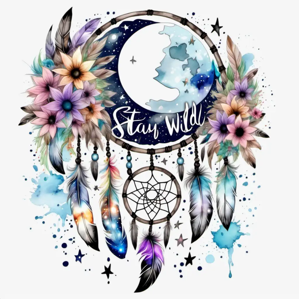 Boho, dream catcher, feathers, transparent background, water colour, paint splatter,  flowers, moon, stars, galaxy, stay wild moon child phrase