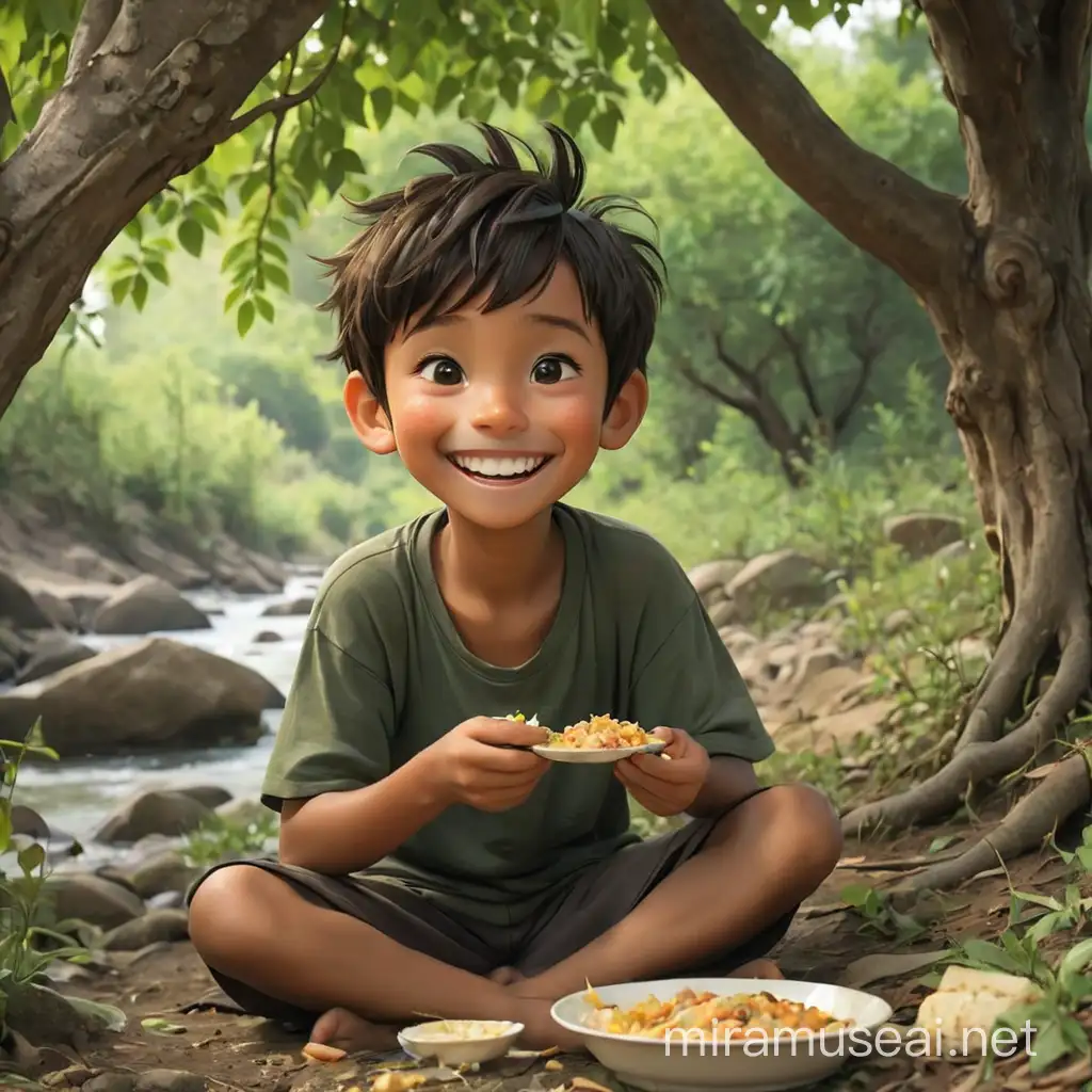 a thin boy is eating much foods with a smile under a tree in a hilly place with rivers besides him and then killed by a man