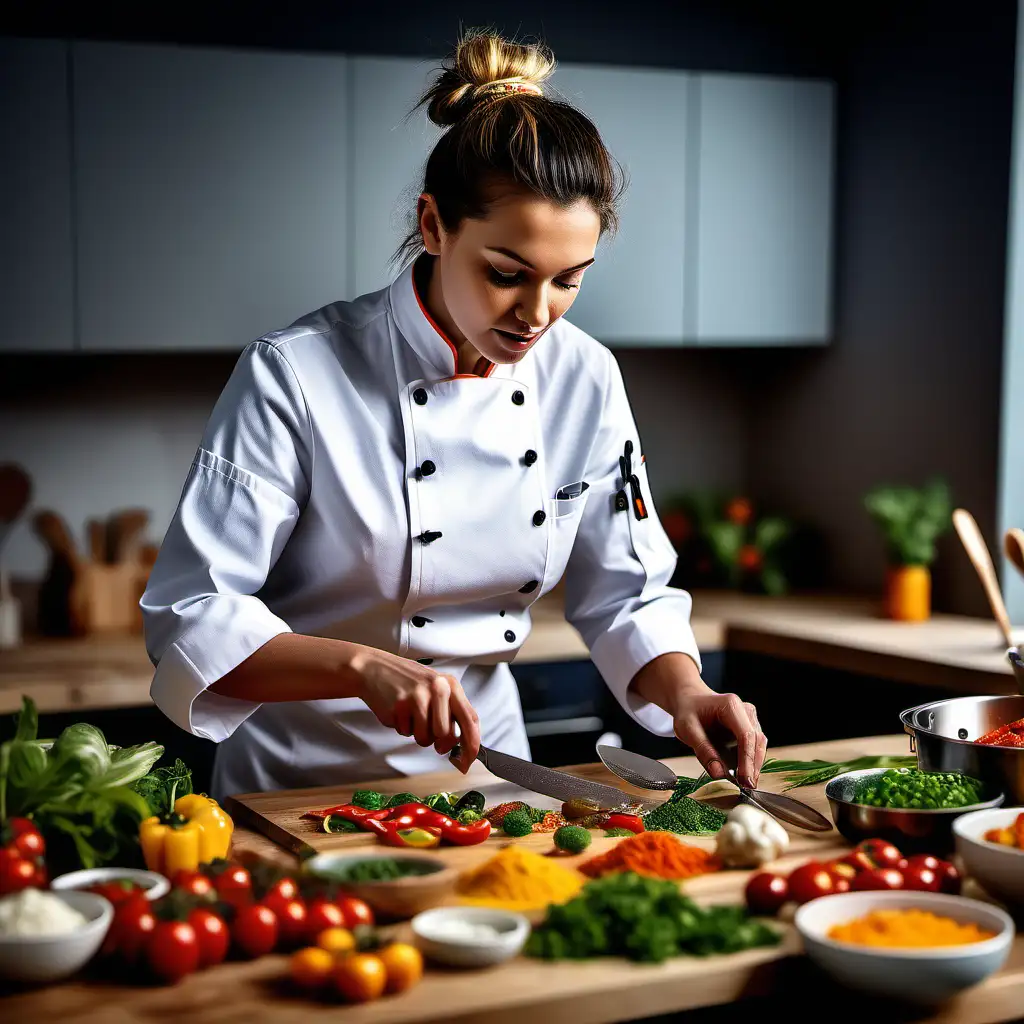 A woman chef or cooking enthusiast preparing innovative dishes with fresh, colorful ingredients. Details like utensils, flavor combinations, and attractive presentation take center stage, shot with Sony Alpha a9 II and Sony FE 200-600mm f/5.6-6.3 G OSS lens, natural light, hyper realistic photograph, ultra detailed