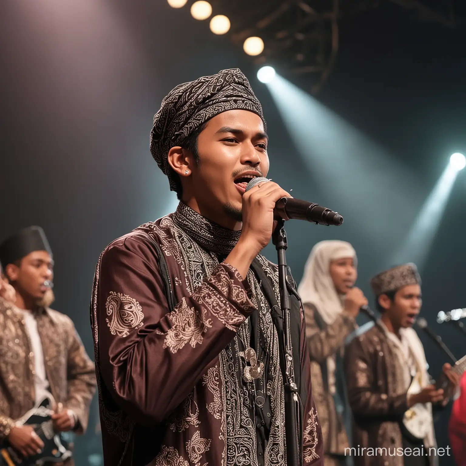 Seorang penyanyi laki laki muda..wajah indonesia, bandan besar, memakai baju muslim mewah,
Bernyanyi di atas panggung mewah,
Baiground panggung musik lengkap musisi nya