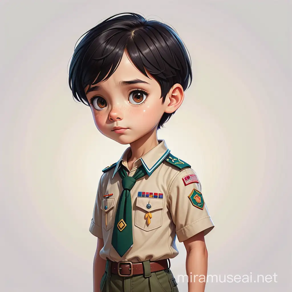 a male kid have 9 years old , have a very very short black hair , big dark brown eyes, round face , light skin , scout uniform, show the full body of her. cartoon type . closing his eyes and thinking hardly 