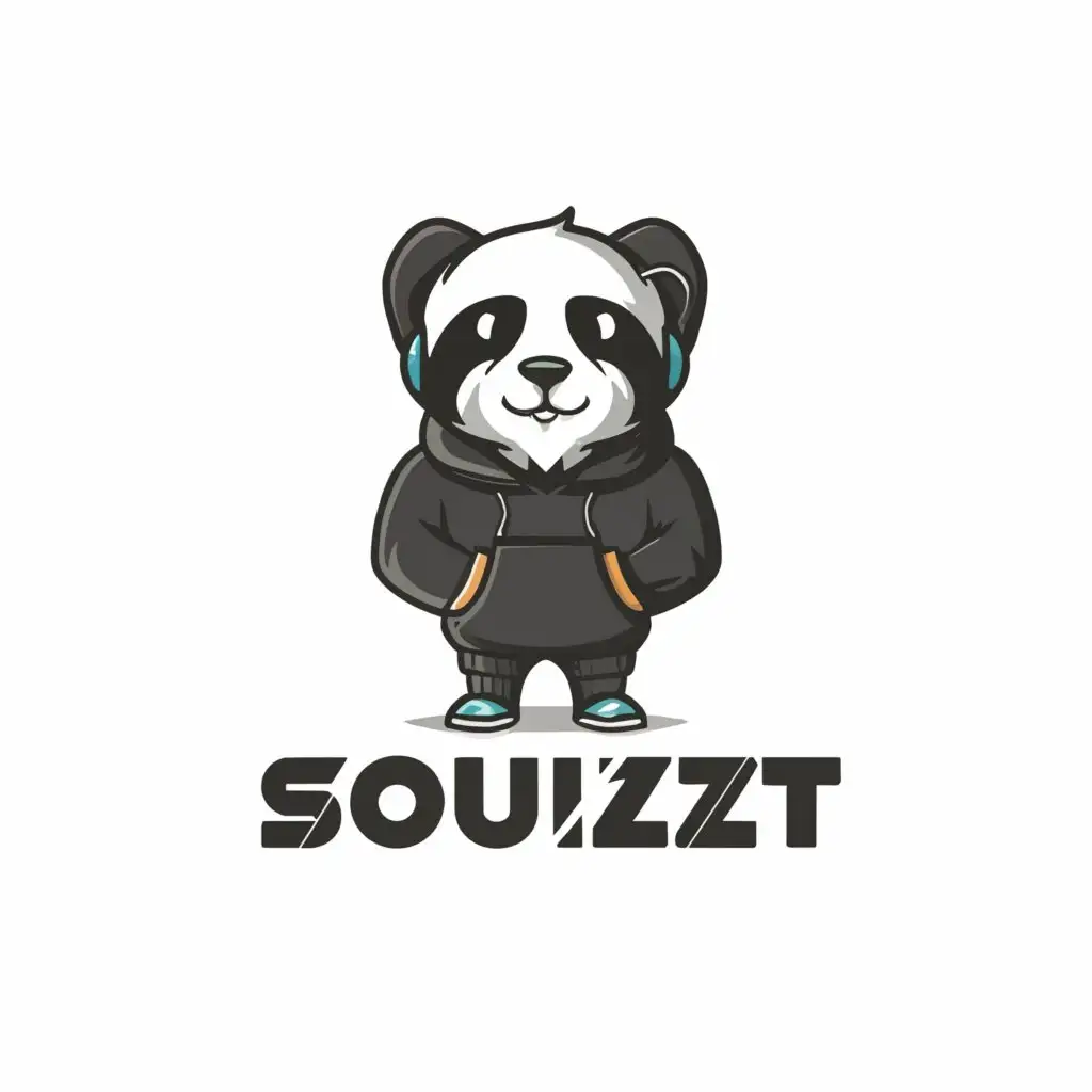 a logo design, with the text 'Soulizt', main symbol: smart looking standing panda wearing black hoodie, wearing a headset, Moderate, clear background