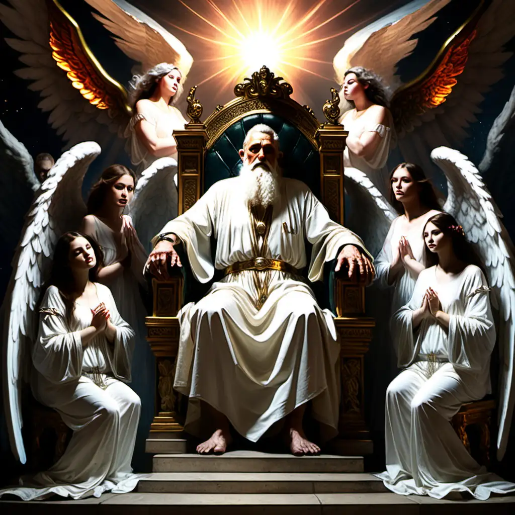 Majestic Old God Seated on Heavenly Throne Surrounded by Angels