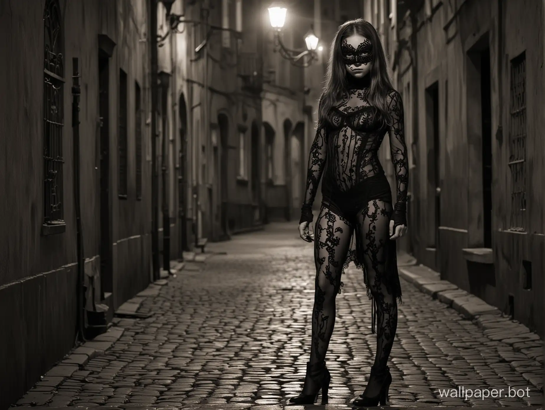 11-year-old girl killer in a gorgeous bodystocking in full height in a mask in the nocturnal city baroque horror noir