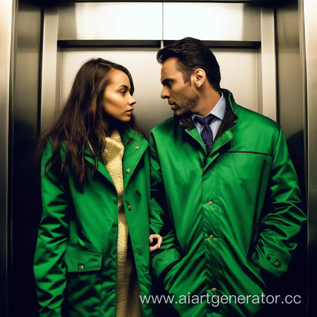 There's a man and a girl in the elevator, they're wearing green jackets