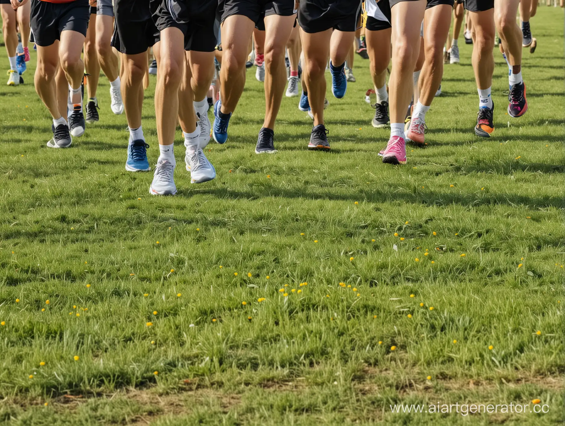 много много людей в спортивных кроссовках бегут на фоне зеленых полей марафон, детализация