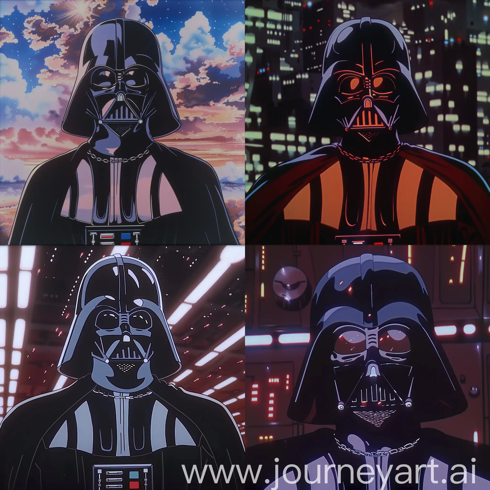 Darth Vader portrait in anime genre film, dvd screenshot from anime film, hell costume and 80s anime film composition