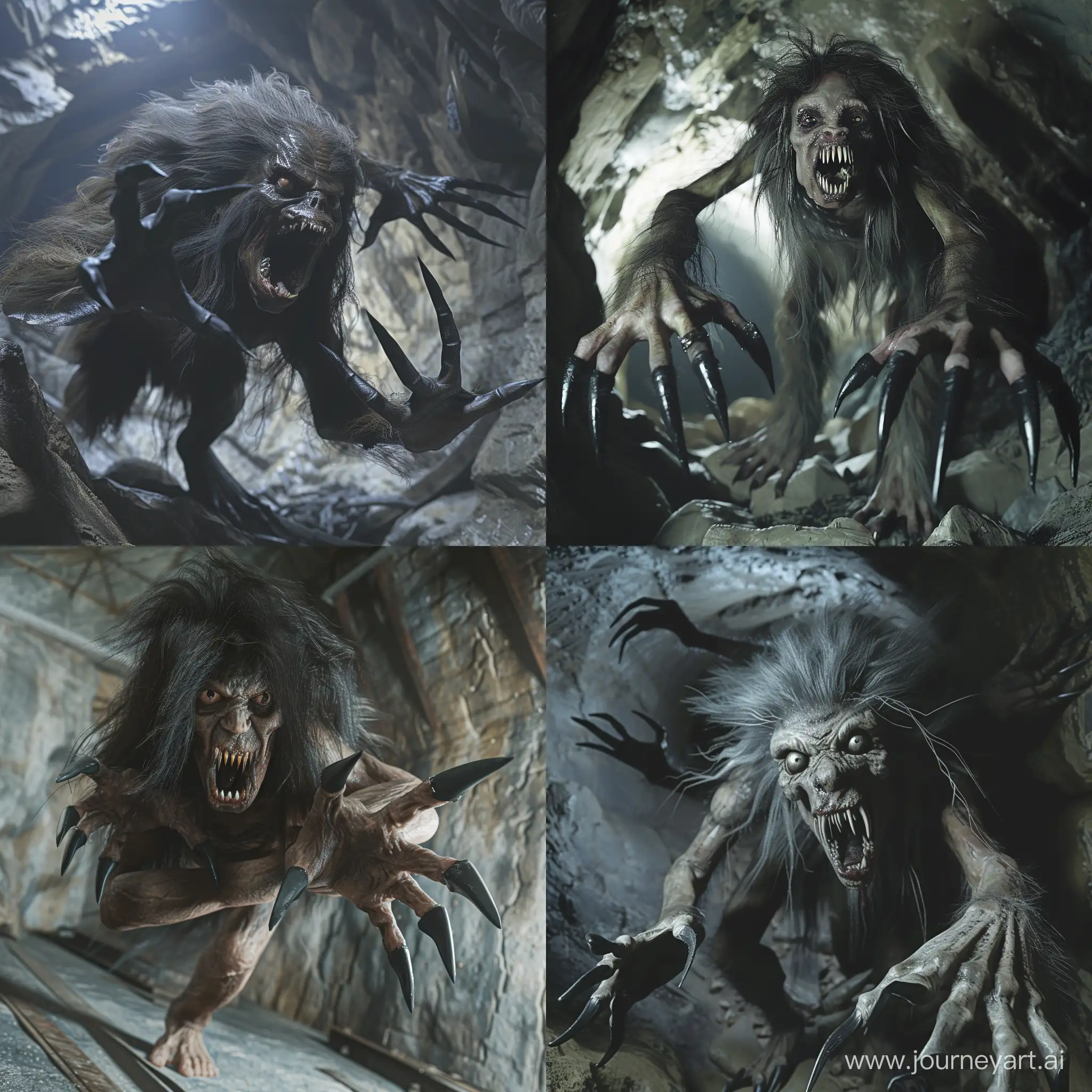 Undead horrible shaggy ghoul woman attacks using the her pointed black claws On their own five-fingered hands, its mouth menacingly open, revealing pointed teeth resembling fangs. The scene takes place in a dark abandoned mine. High detail, photorealism, hyper-realism.