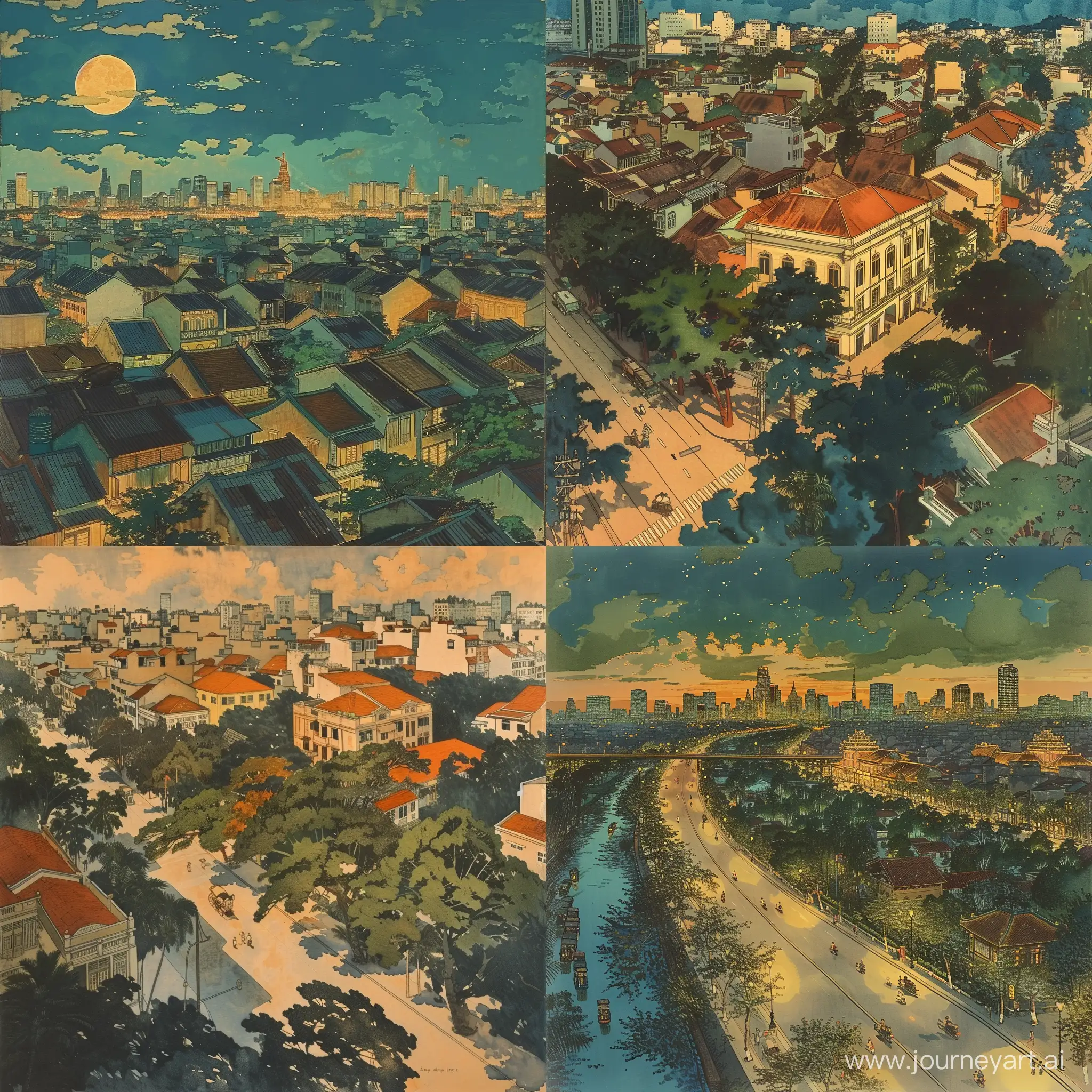 a painting of ho chi minh city vietnam, a art by Kawase Hasui, pixiv, shin hanga, ukiyo-e, Kawase Hasui in shin-hanga style art, creative commons attribution