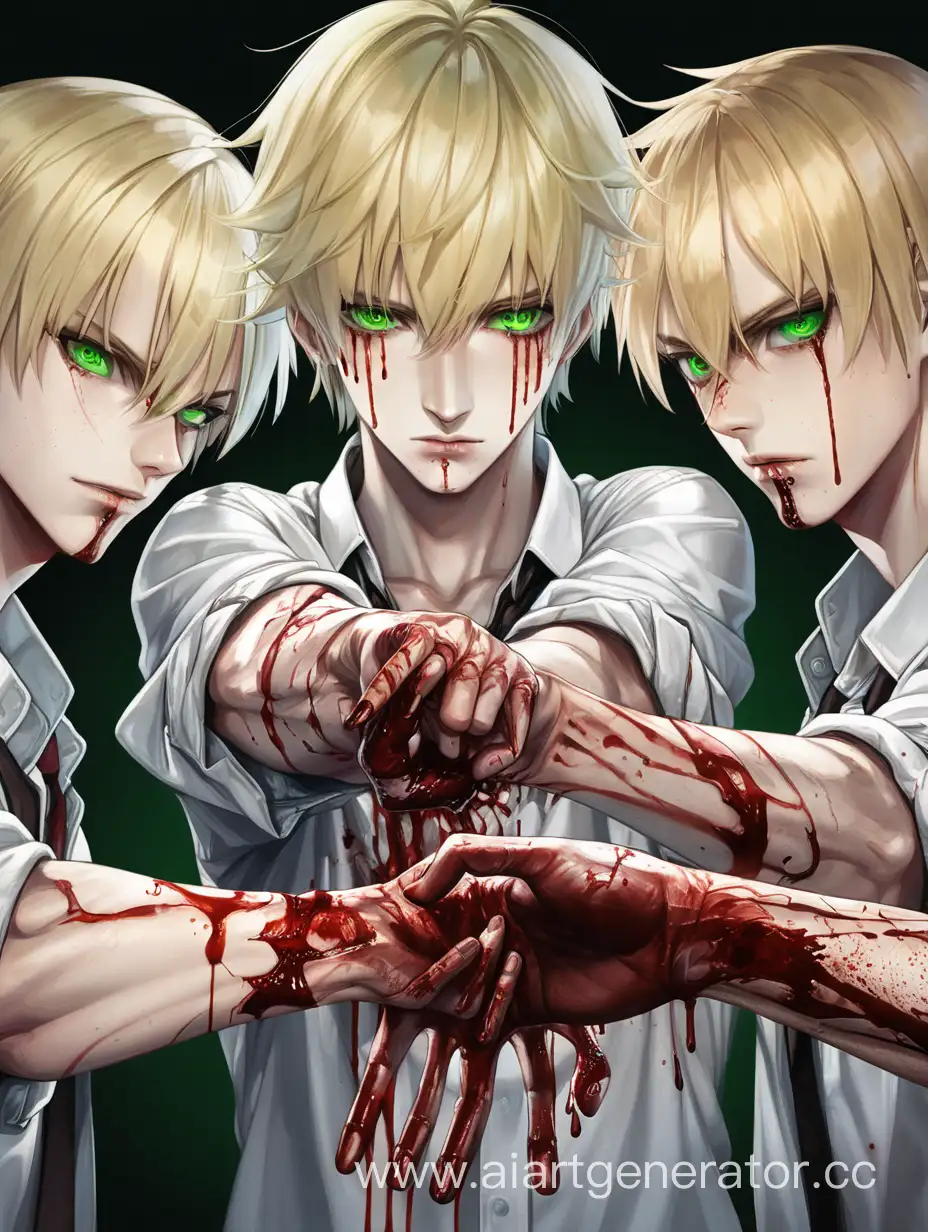 три парня со светлыми волосами и зелеными глазами и кровью на руках