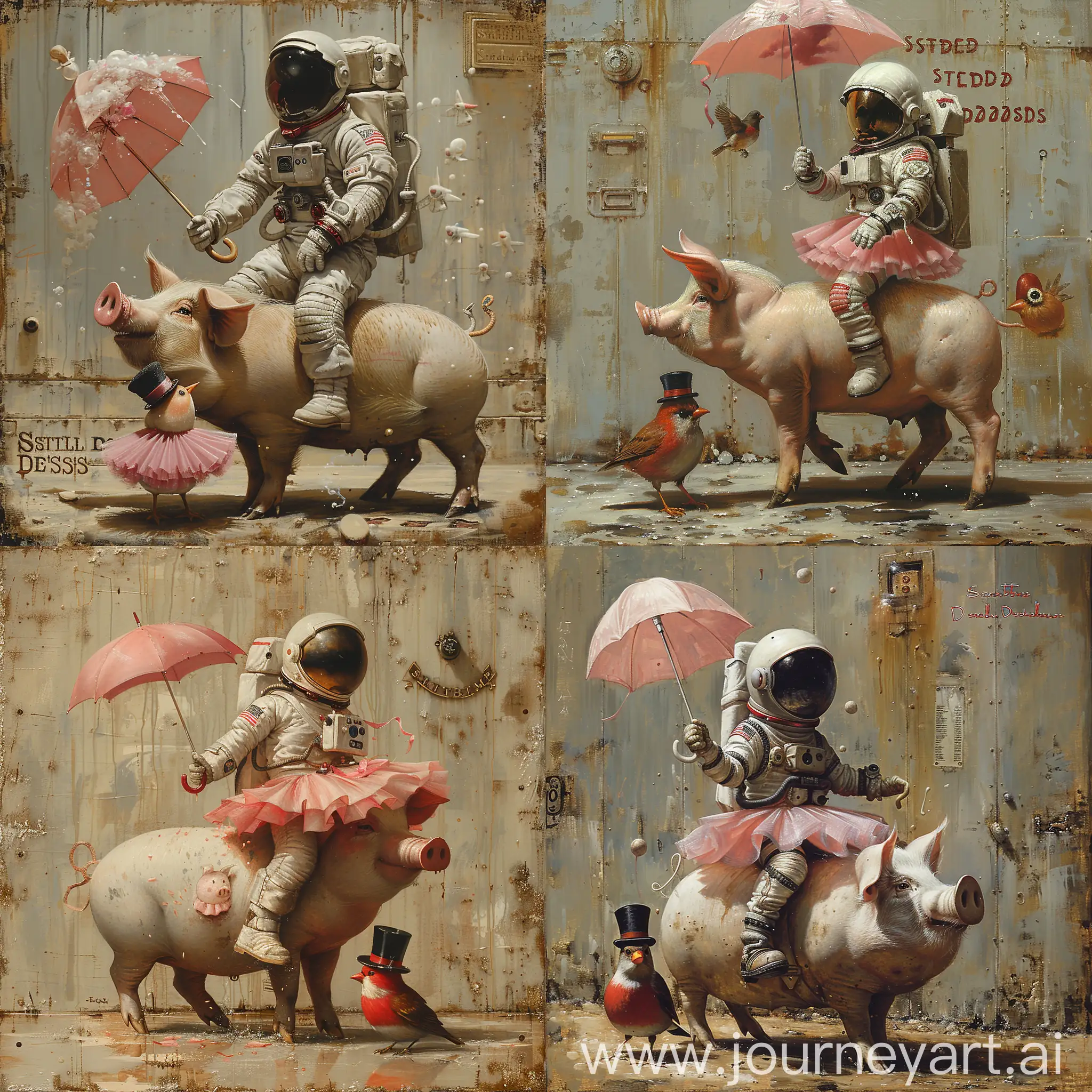 Whimsical-Astronaut-Riding-Pig-with-Tutu-and-Pink-Umbrella