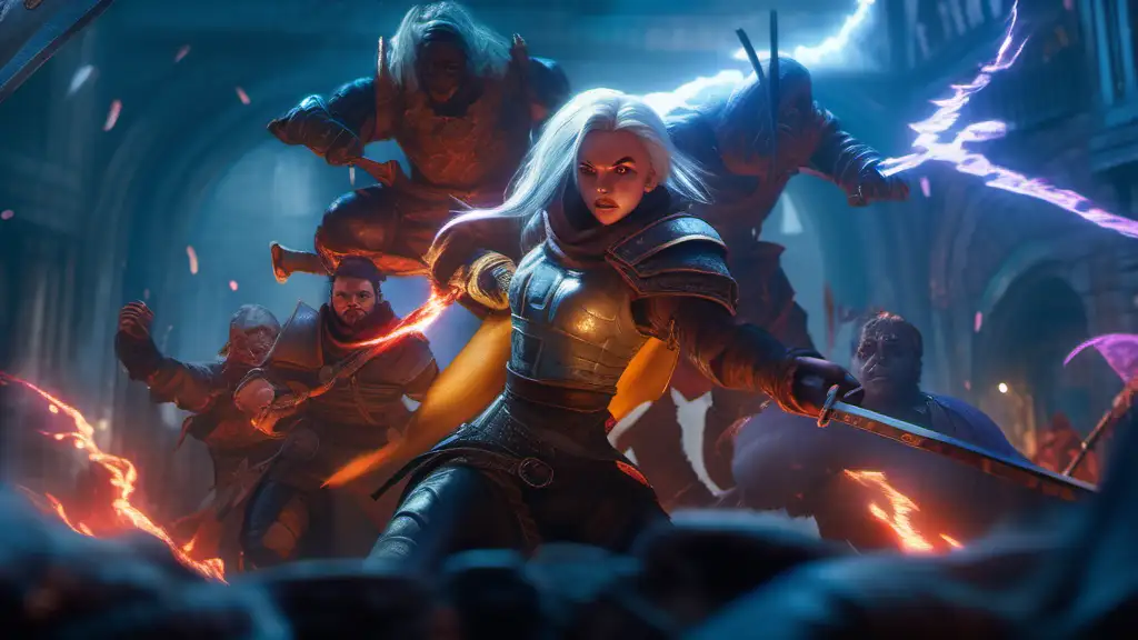 A cinematic shot of Baldur's Gate 3 characters in action, captured in the dynamic realism of photojournalism. Think Henri Cartier-Bresson's decisive moment, frozen in a 35mm vibrantly colored photograph. The scene throbs with chaos: Lae'zel swings her greataxe in a blur of motion, sunlight glinting off the blade as it cleaves through an orcish skull. Shadowheart channels eldritch energy, her eyes blazing with violet fire, while Astarion lunges from the shadows, fangs bared and claws extended. Dust swirls in the air, obscuring the edges of the frame, and the grim determination etched on the characters' faces tells a story of desperate struggle for survival. The color temperature remains neutral, emphasizing the stark contrast between light and shadow, while subtle expressions reveal a gamut of emotions: Lae'zel's grim focus, Shadowheart's steely resolve, and Astarion's predatory thrill. A single shaft of sunlight pierces the gloom, illuminating the scene with a sense of fleeting hope amidst the carnage.