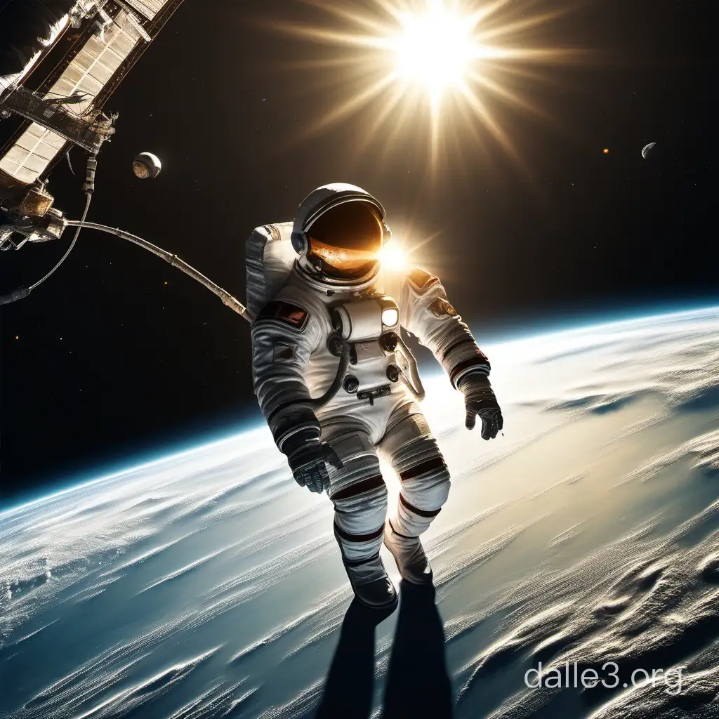 космонавт с закрытым скафандром летает в космосе вдали от ракеты глядя на солнце впереди 