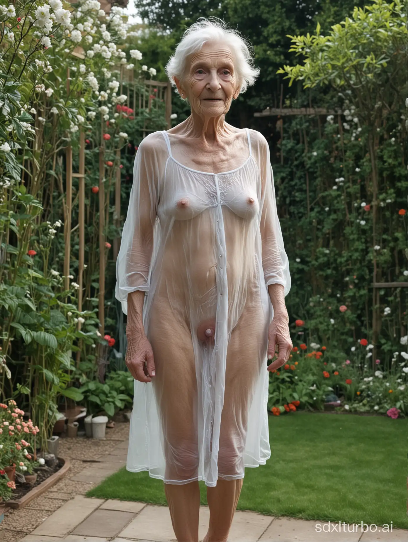 anorexic 130-year-old  wrinkled body  granny standing in garden in a complete see thru  very short nightie pulled up
