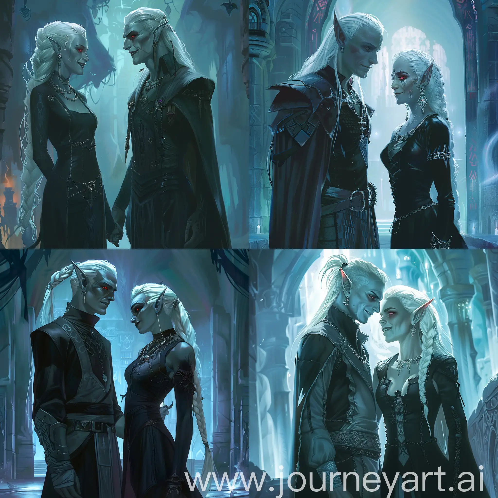 Draw a characters from the Dungeons and Dragons universe according to the following description: Two people stand and look at each other, sideways to the viewer. Drow man and woman. He is a handsome drow rogue, dressed in assasin clothes. His swept back white hair is gathered in a long braid, hair is slicked, combed. He has thin face with cheekbones. His face with a calm smile is clean shaven and his eyes have red iris. He have a earrings in long pointed ears. He has grey skin. His demeanor is calm. He stands and looks down at the woman. She has a young beautiful thin face. She looks at the man with her red eyes and smiles. She has   long white hair with braids and jewelry in it. She she wears a long black dress with a black cloak. She has pointy ears and earrings. Against the backdrop of an underground temple illuminated with a magical bluish light