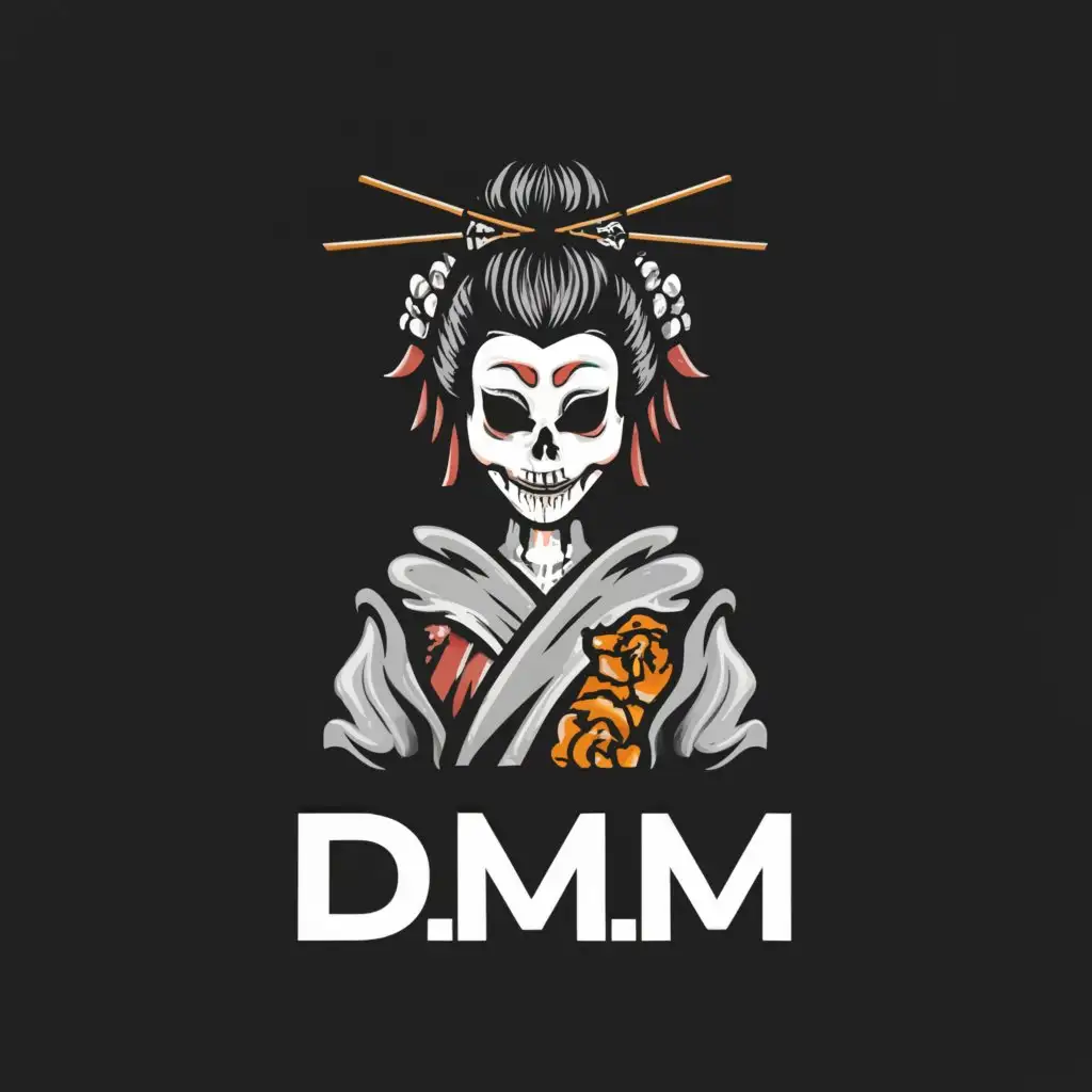 a logo design,with the text "D.M.M", main symbol:Skeleton geisha with chopsticks in hair and detailed face,Moderate,be used in Retail industry,clear background