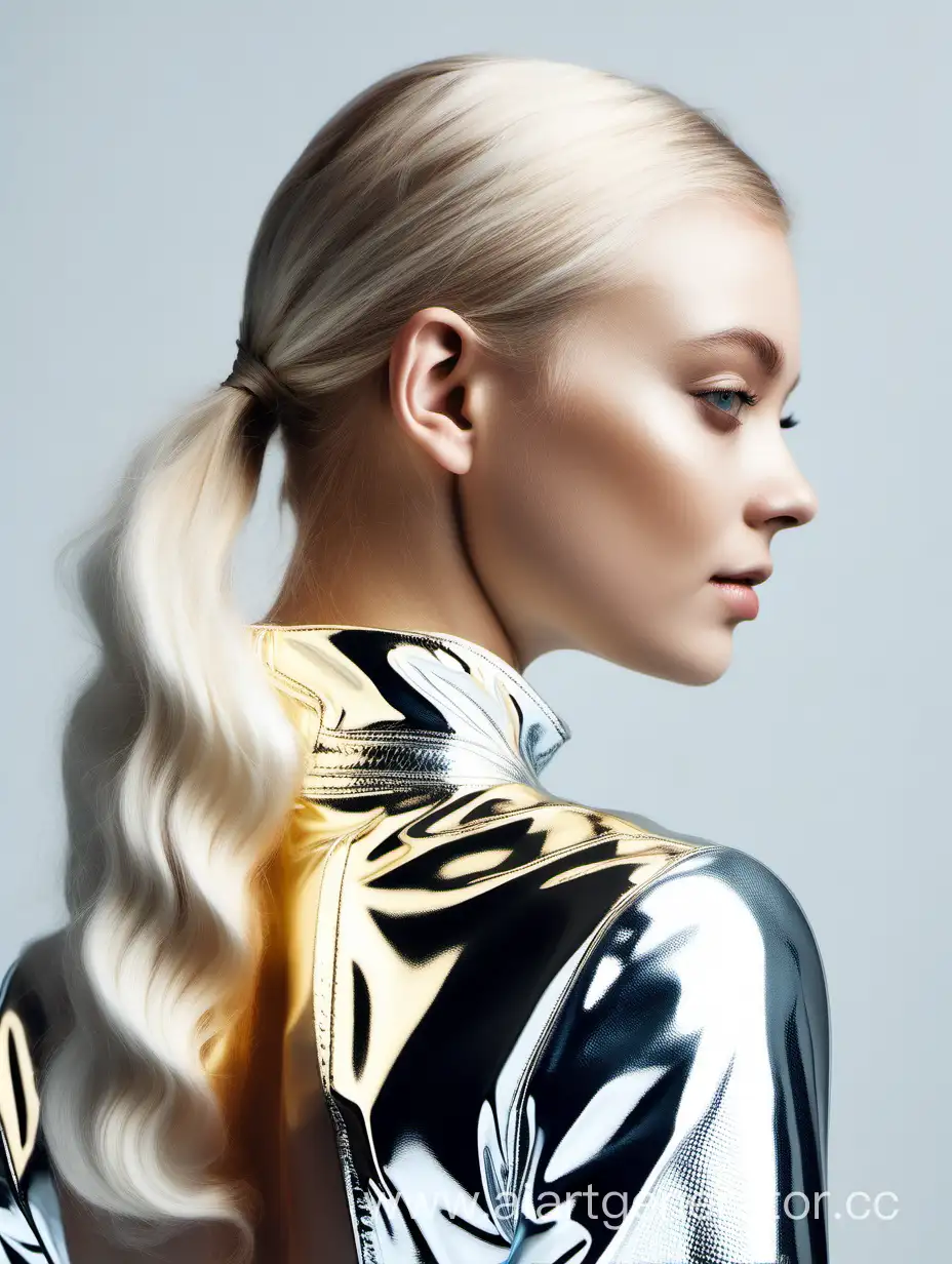 girl with light hair in close-up, turned back, on a white background, in shiny clothing