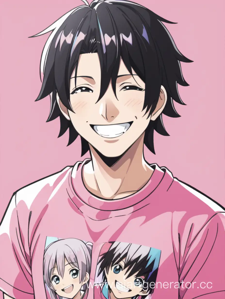 парень с черными волосами широко улыбается в розовой футболке аниме
