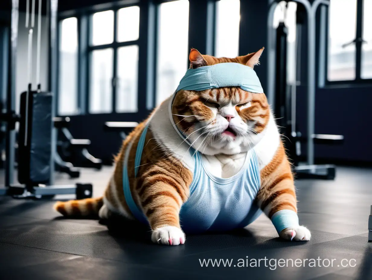 A tired fat cat in the gym with a bandage on his head is doing exercise fitness