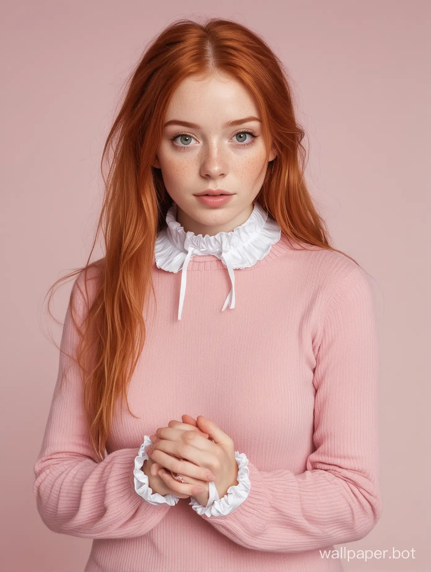 Adorable-Girl-with-Ginger-Hair-and-Freckles-in-Pink-Dress-and-Sweater