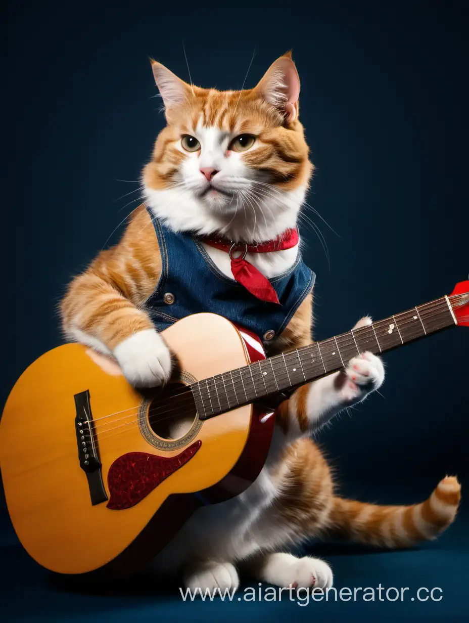 студийное фото, кот играет на гитаре