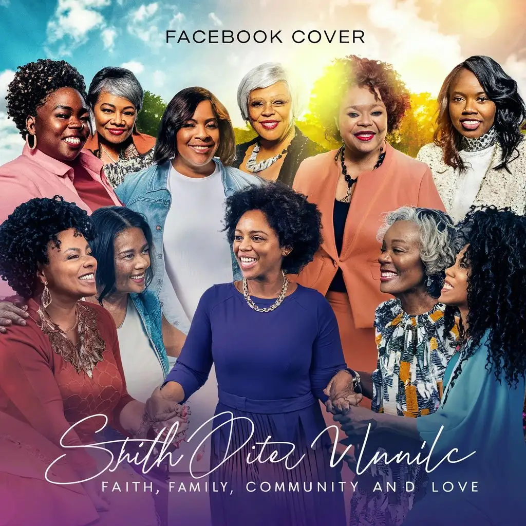 Make a Facebook cover with pictures and the words faith, family, community and love with  different generations of African American women with stylish outfits