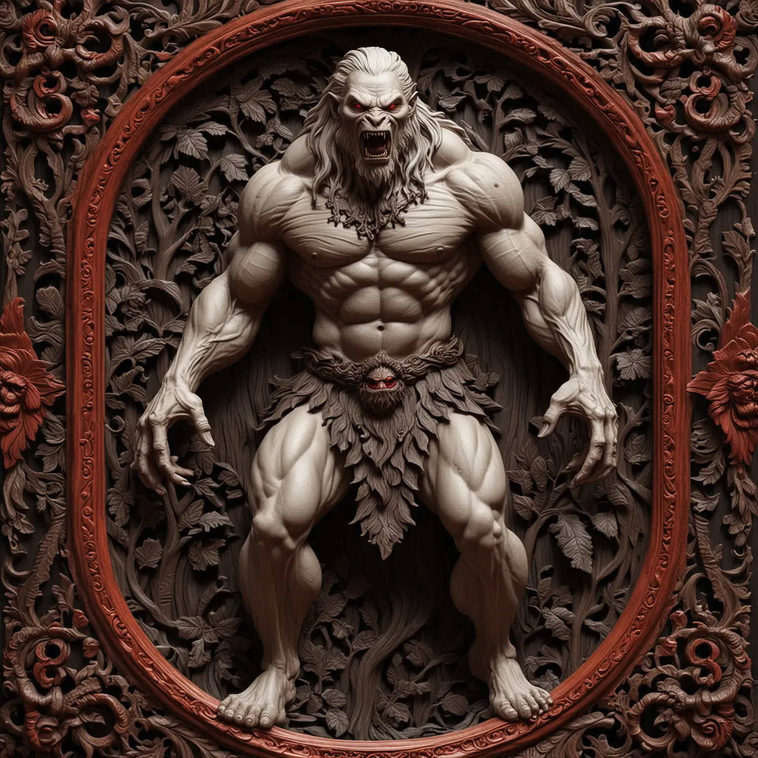 seamless and tilable CARVED DARK WOOD, FINELY CARVED WITH CARVED FRAME, FEATURING FULL BODY, MALE, ALBINO, WEREWOLF, WARRIOR,  WITH RED EYES 
