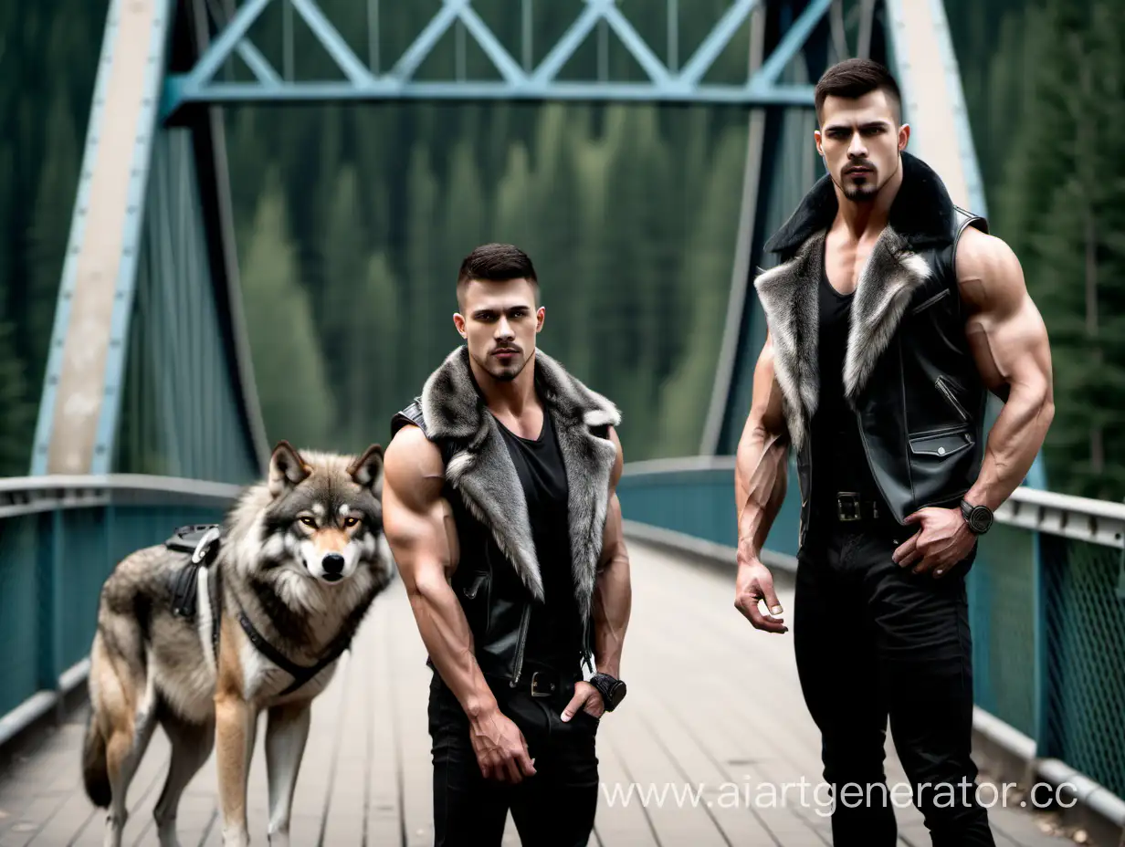 Muscular-Man-in-Leather-Vest-with-Wolf-by-Bridge