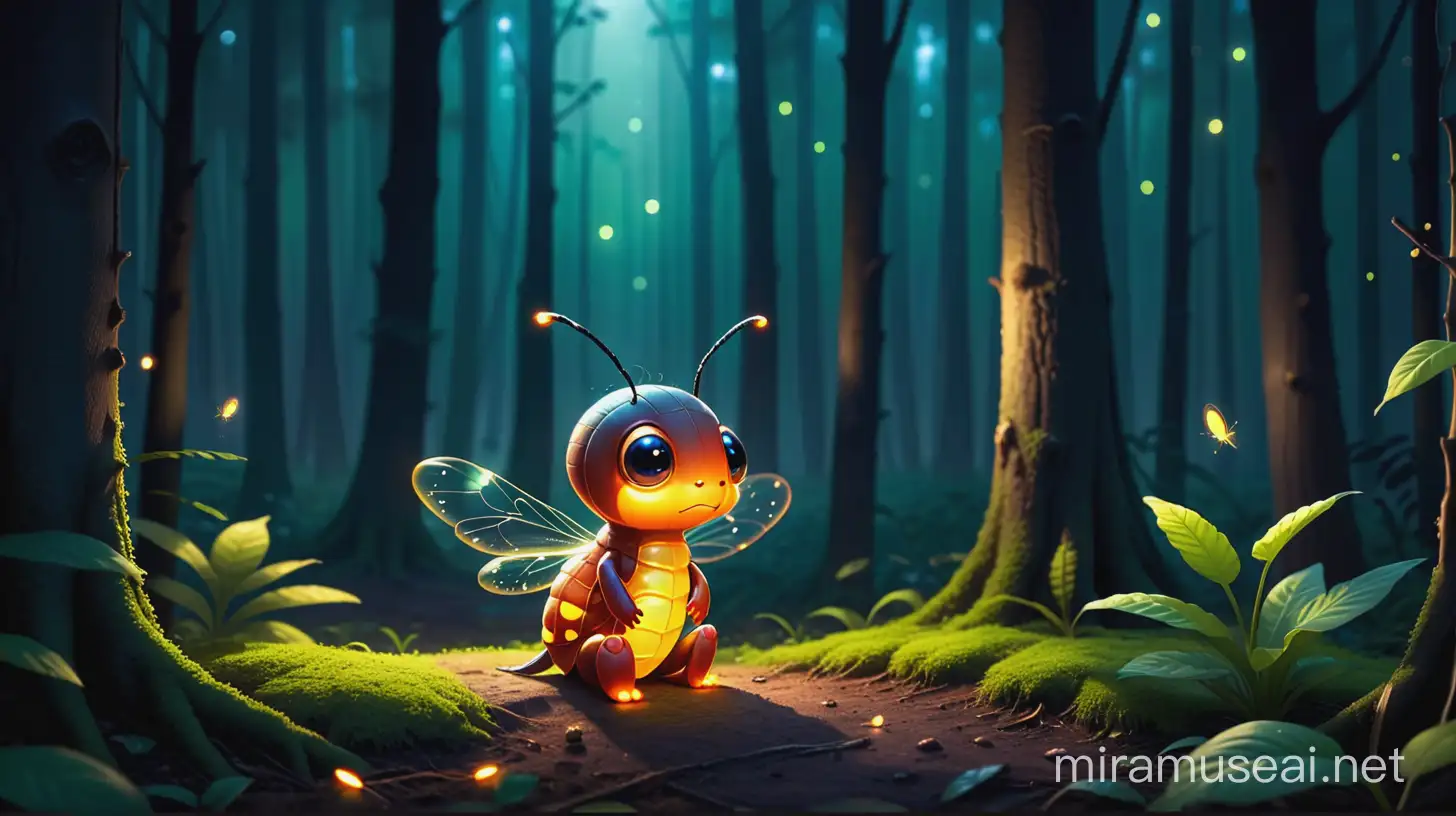 A Very sad firefly in the forest sitting alone  