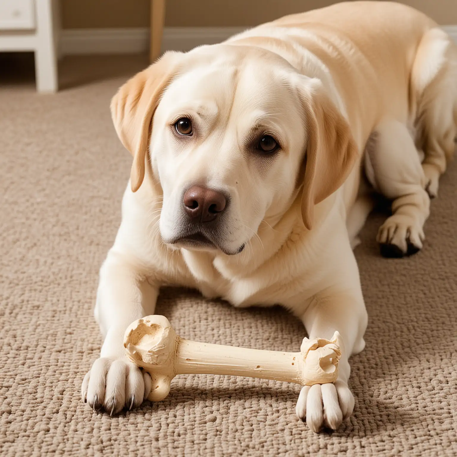 A Labrador Retriever with a toy bone.