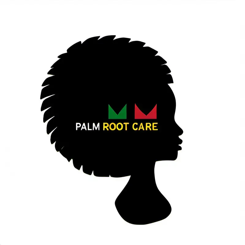 palm root hair care logo.
red yellow green Jamaican colors for the palm trees.
 black shaped face fully black in color. the face don't have color in it ]]but the hair has color
 with palm roots around it as the hair
