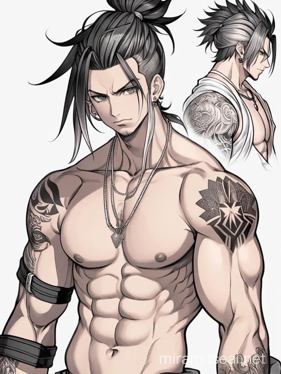 jrpg, young man, man bun hair, punk, scars, manga, tattoo, muscular, abs, fantasy, another eden, full body, waist up fully in view, portrait, no background, facing slightly to the side, staring at the camera