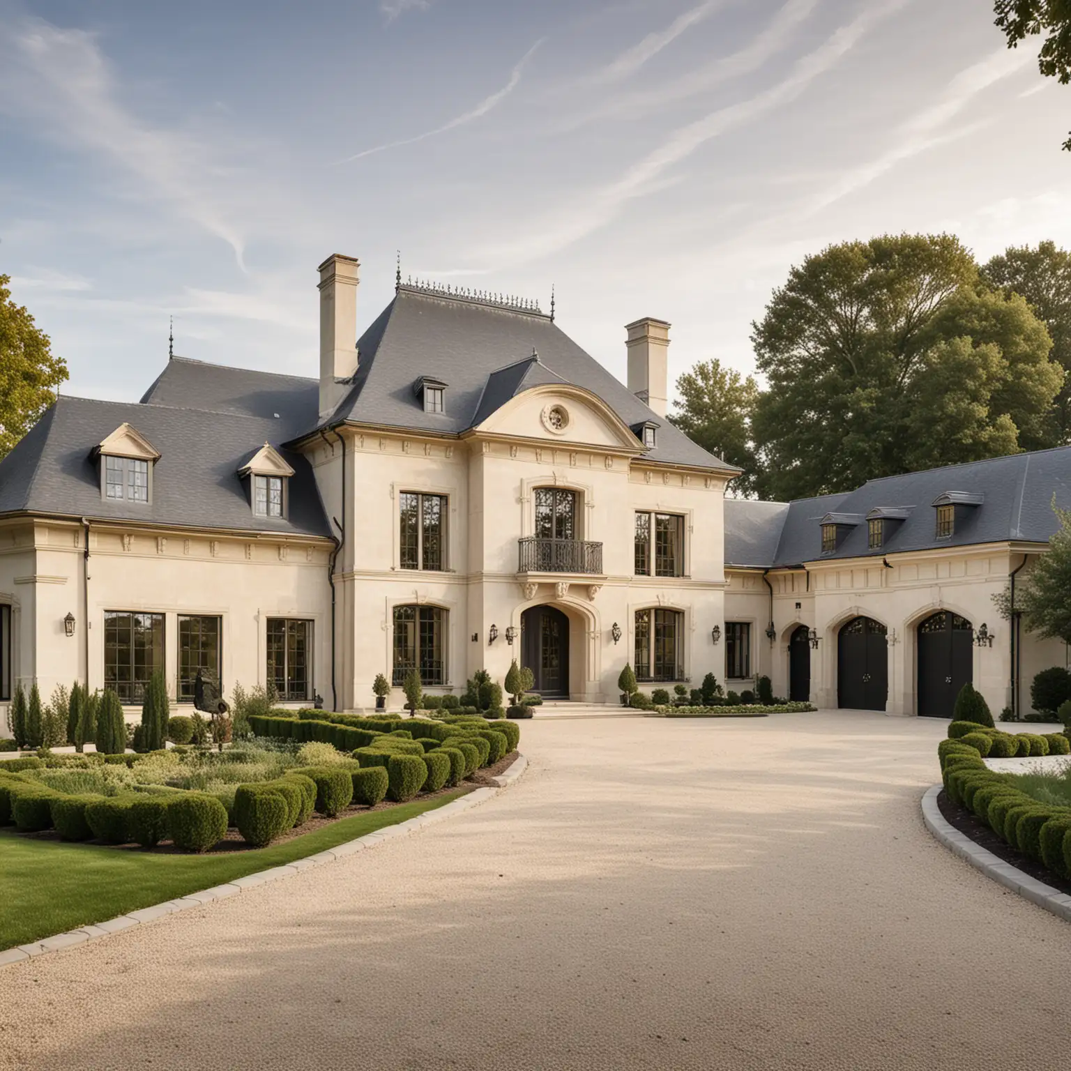 a modern french chateau estate home of rendered walls, limestone and wood, in beige and black, with a car garage on either side of the home, a porte cochere and a motor court, on a large farm land, surrounded by gardens